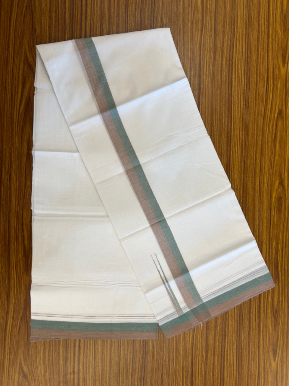 20% Discount ! NEW! KaithariKada Balaramapuram 100% Cotton Pure white Double Mundu/Dhoti - (100x80)s - 1.5 inch Brown Green Chutty Kara - 63 KK5249 VIN