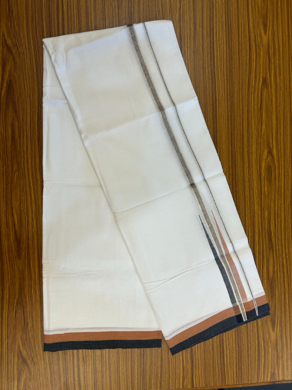 23% Discount ! NEW! KaithariKada Balaramapuram 100% Cotton Pure white Double Mundu/Dhoti - (100x80)s - Brown Black Chutty Silver Kasav - 63 KK5252 CKS