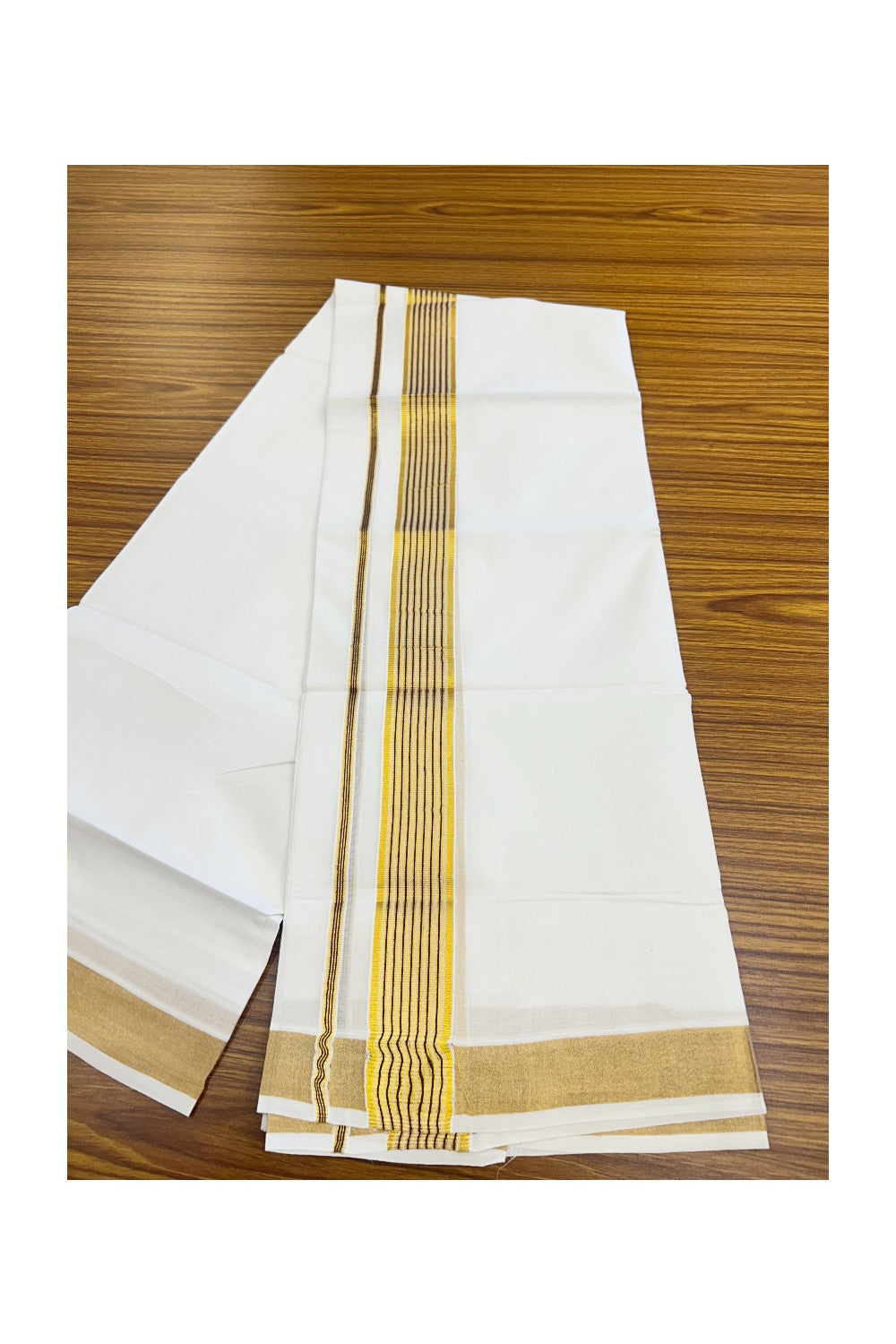 20% DISCOUNT! Kaitharikada Balaramapuram 100% Cotton PURE WHITE Double Mundu/Dothi - 80x80 - 1.75 Inch Gold Kasavu & Purple striped Kara - 63KK5182VAS