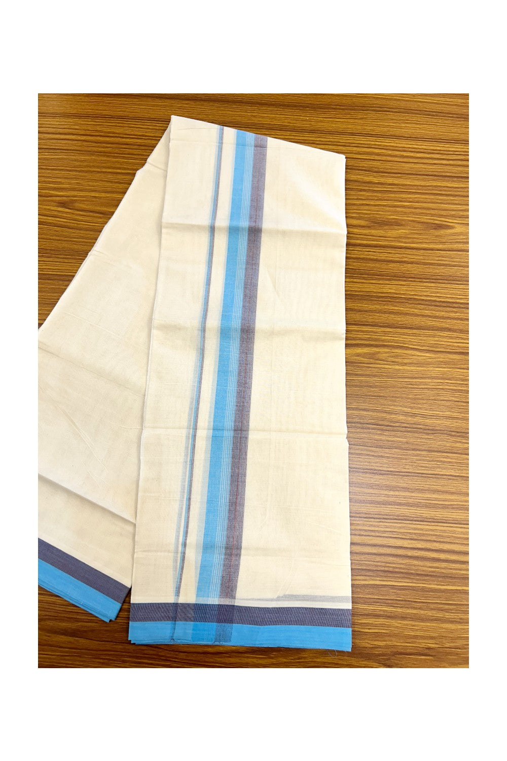 20% DISCOUNT!! KaithariKada Balaramapuram 100% Cotton OFF WHITE Double - (Unbleached) Mundu/Dhoti - 100X80 - 1.5 inch Navy Blue & Cyan Shaded Kara with Centre Stripes - 63KK5213 VIN