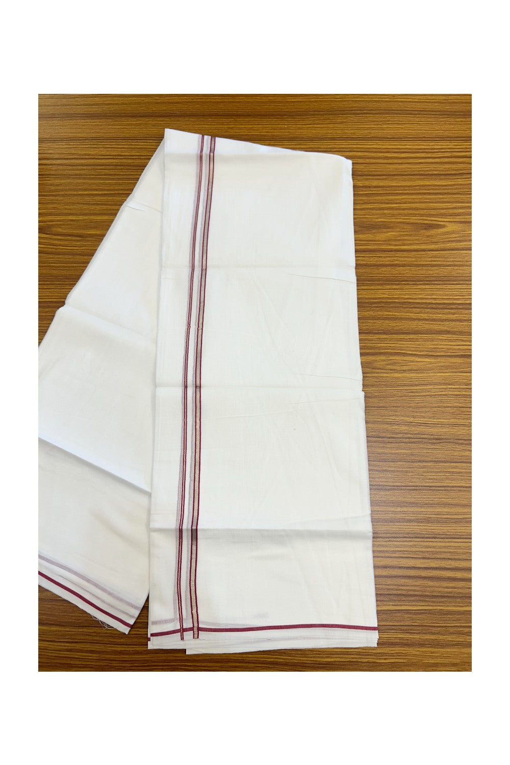 20% Discount ! Kaitharikada Balaramapuram 100% Cotton PURE WHITE Double Mundu/Dothi - 100x90 - 0.5 cm Magenta Silver Kasavu thin Kara - 63KK5217 CKS