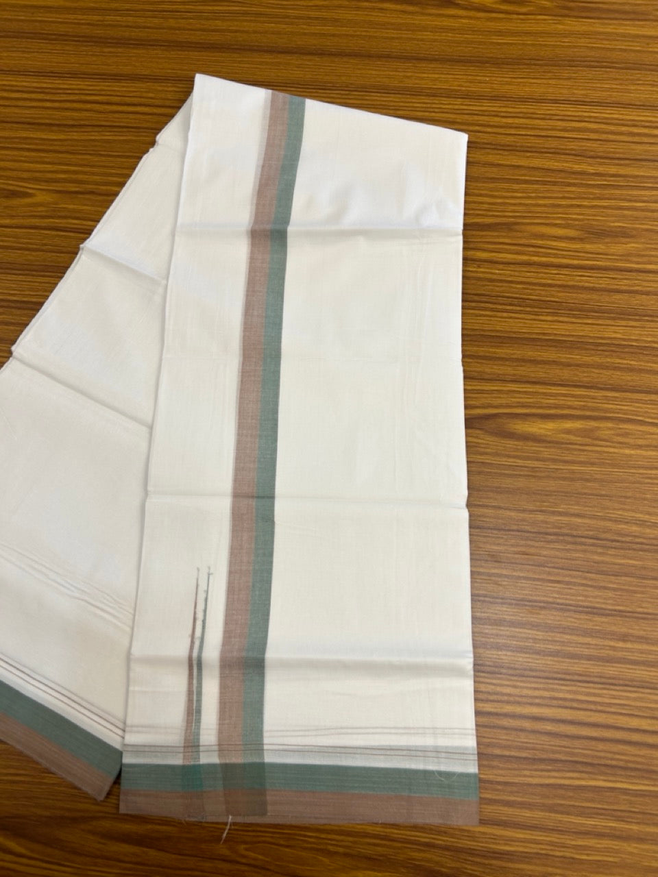 20% Discount ! NEW! KaithariKada Balaramapuram 100% Cotton Pure white Double Mundu/Dhoti - (100x80)s - 1.5 inch Brown Green Chutty Kara - 63 KK5249 VIN