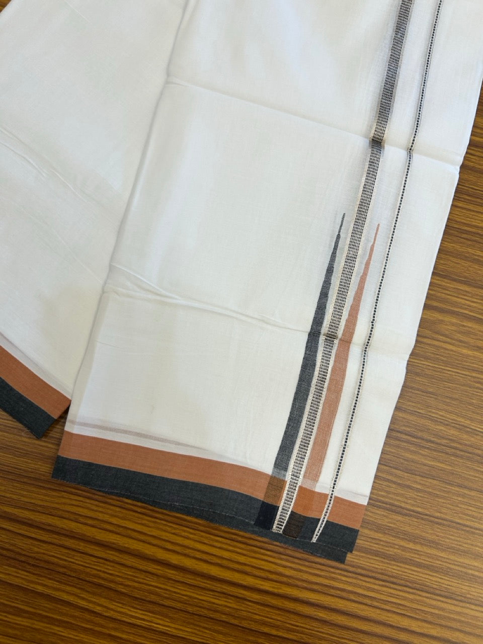 23% Discount ! NEW! KaithariKada Balaramapuram 100% Cotton Pure white Double Mundu/Dhoti - (100x80)s - Brown Black Chutty Silver Kasav - 63 KK5252 CKS