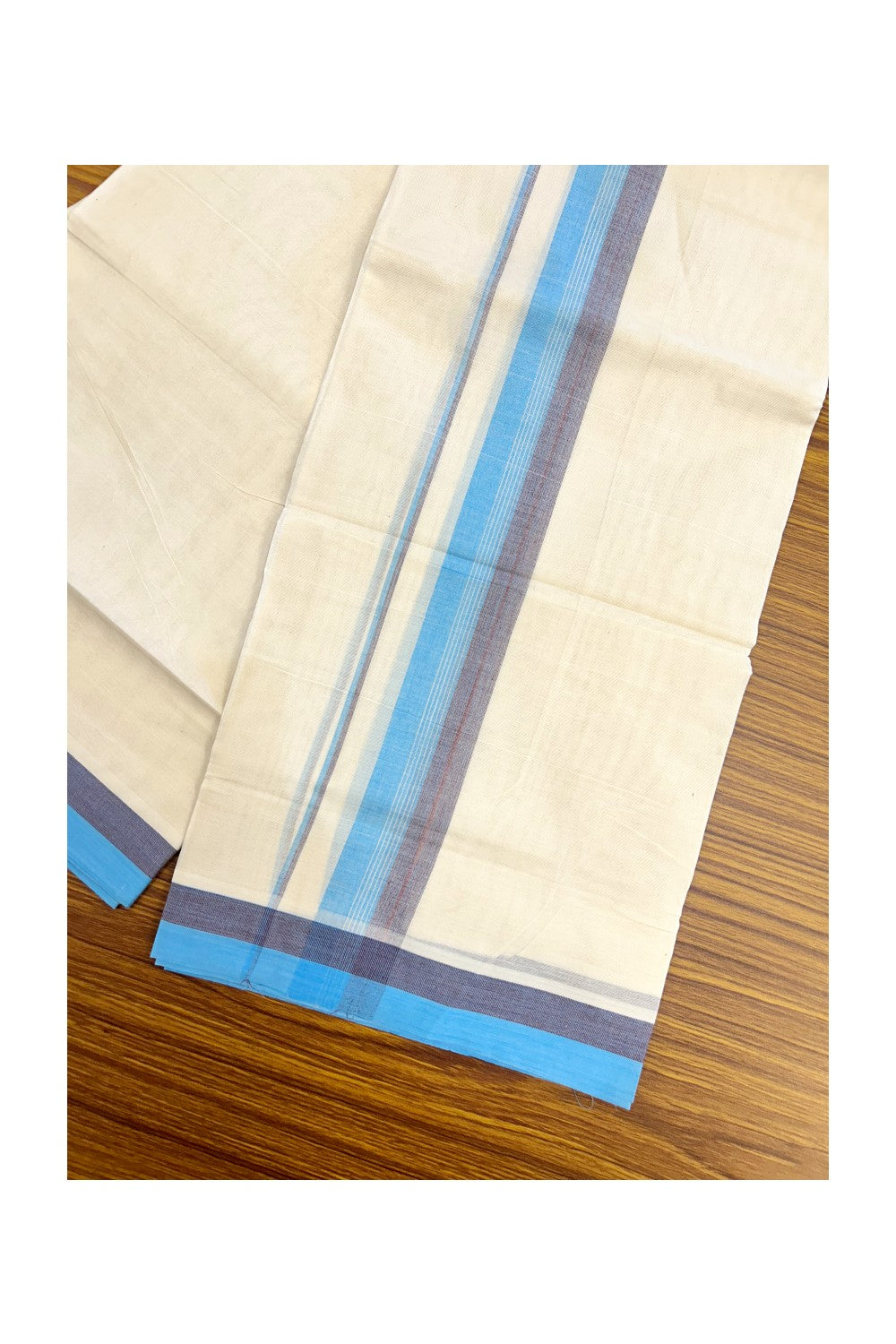 20% DISCOUNT!! KaithariKada Balaramapuram 100% Cotton OFF WHITE Double - (Unbleached) Mundu/Dhoti - 100X80 - 1.5 inch Navy Blue & Cyan Shaded Kara with Centre Stripes - 63KK5213 VIN