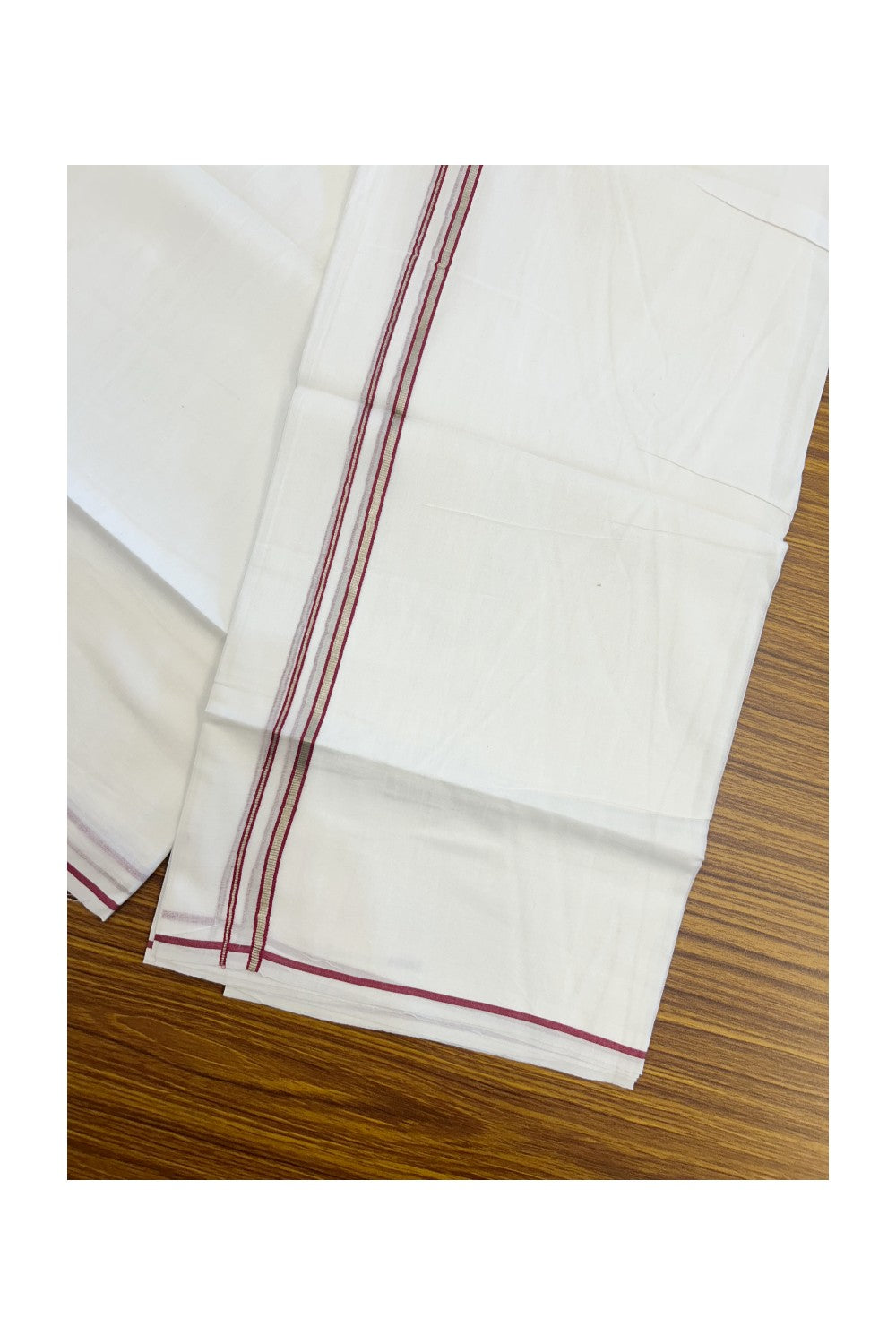 20% Discount ! Kaitharikada Balaramapuram 100% Cotton PURE WHITE Double Mundu/Dothi - 100x90 - 0.5 cm Magenta Silver Kasavu thin Kara - 63KK5217 CKS