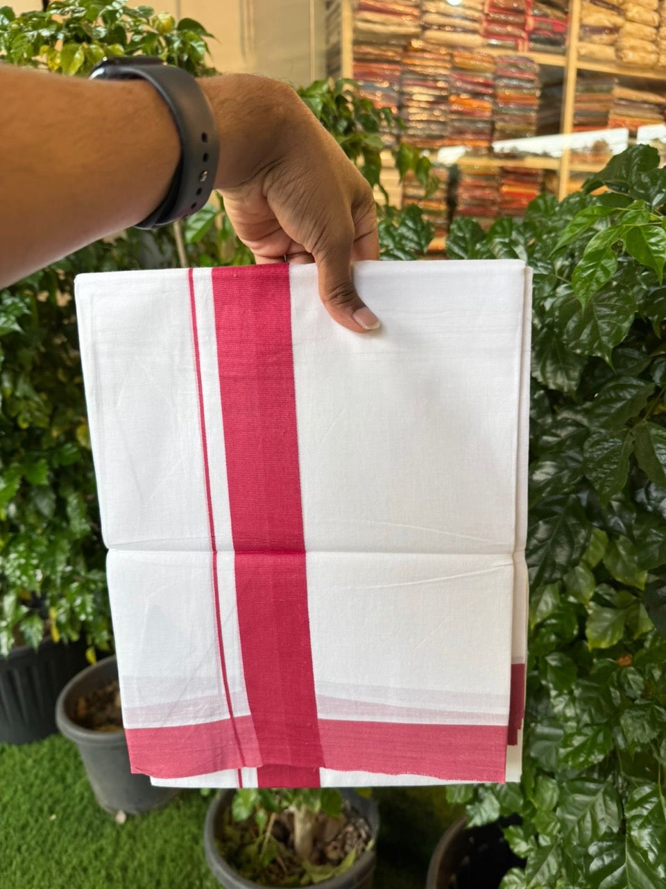 20% Discount ! KaithariKada Balaramapuram 100% Cotton Double Pure white Mundu/Dhoti- 100x80 - 1.75 inch Magenta Pink Kara - 3.90mtr ( 8 muzham) - 35 KK5251 PMC