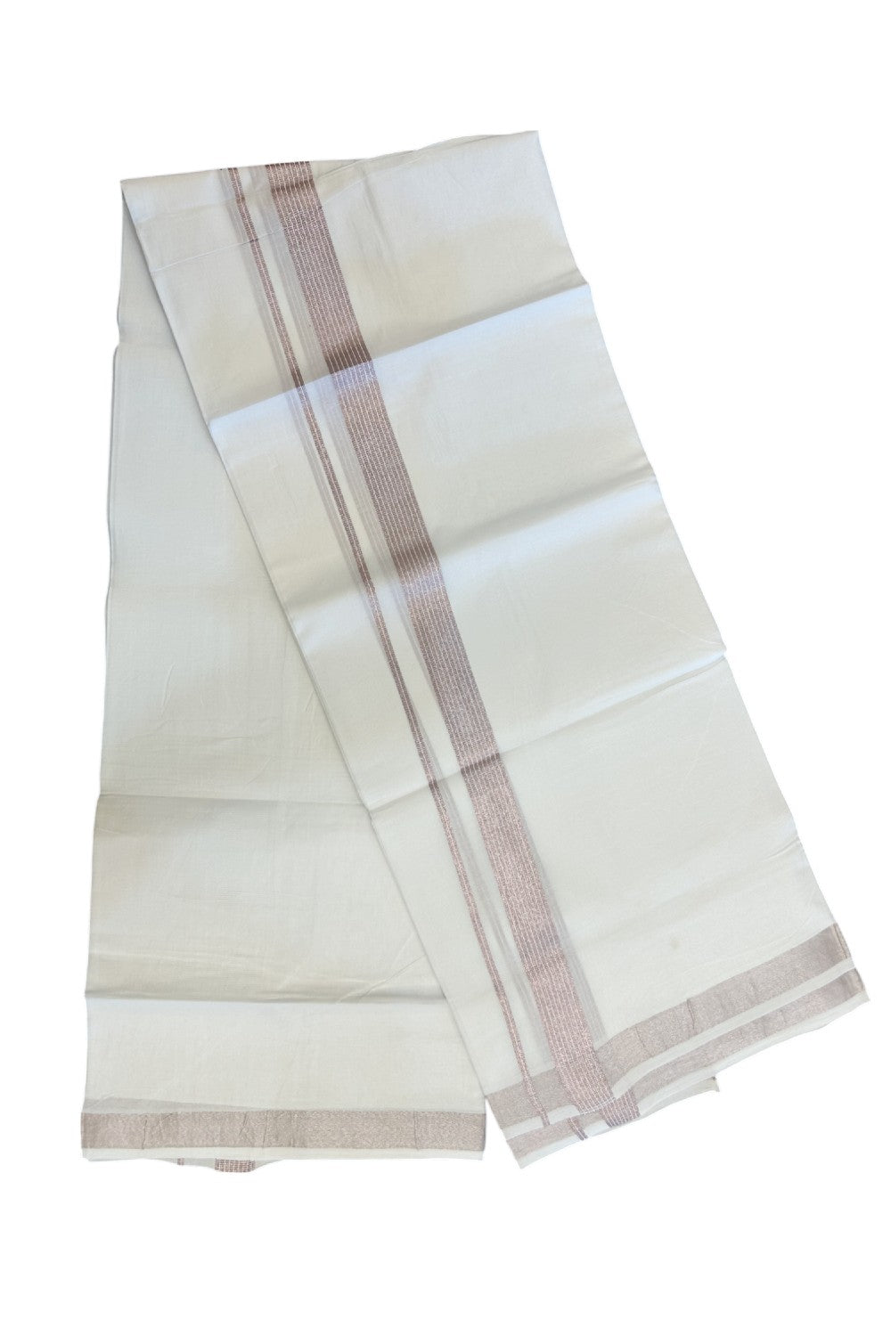20% Discount ! Kaitharikada Balaramapuram 100% Cotton PURE WHITE Double Mundu/Dothi - 100x90 - 1 inch Pink Silver Kasavu Stripes Kara - 64KK5217 CKS