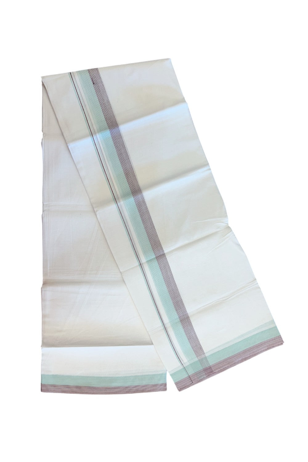 20% Discount ! Kaitharikada Balaramapuram 100% Cotton PURE WHITE Double Mundu/Dothi - 100x80 - 1.75 inch Turquoise Green & Light Maroon Stripes Kara 3.90 mtr (8 muzham) - 59KK5220 THI