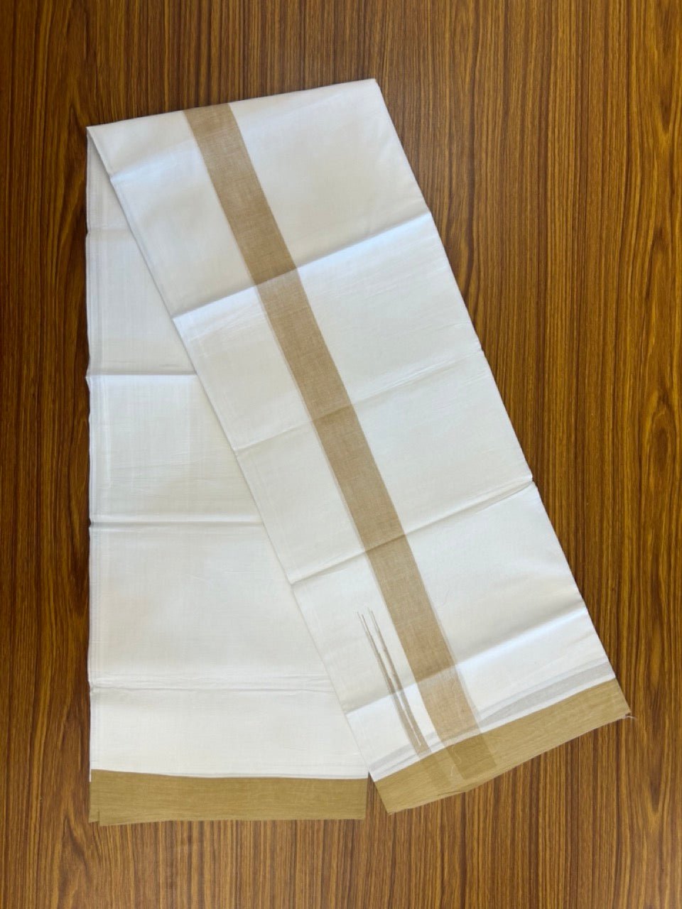 20% Discount ! NEW! KaithariKada Balaramapuram 100% Cotton Pure white Double Mundu/Dhoti - (100x80)s - 1.5 inch Sand Brown Chutty Kara - 64 KK5249 VIN
