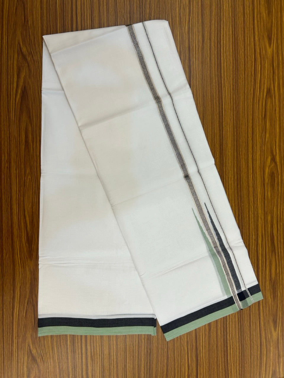 23% Discount ! NEW! KaithariKada Balaramapuram 100% Cotton Pure white Double Mundu/Dhoti - (100x80)s - Green Black Chutty Silver Kasav - 64 KK5252 CKS
