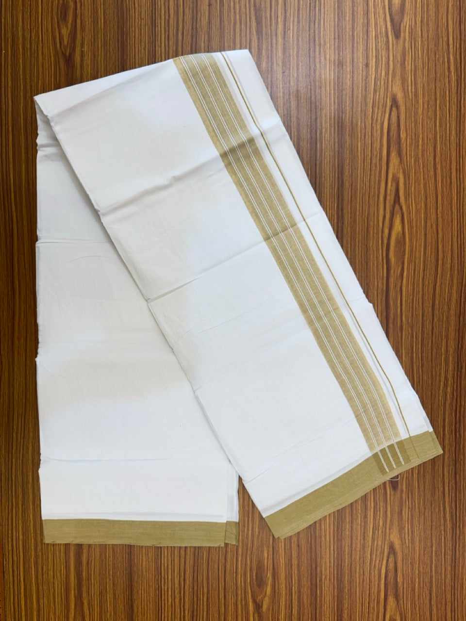 4.5 Meters (10 Muzham) - Pure white double 25% Discount ! KaithariKada Balaramapuram - 100% Pure Cotton 100x80 - Mundu/Dothi - 2 inch Sand Brown Shaded Kara - 64 KK5258 THI