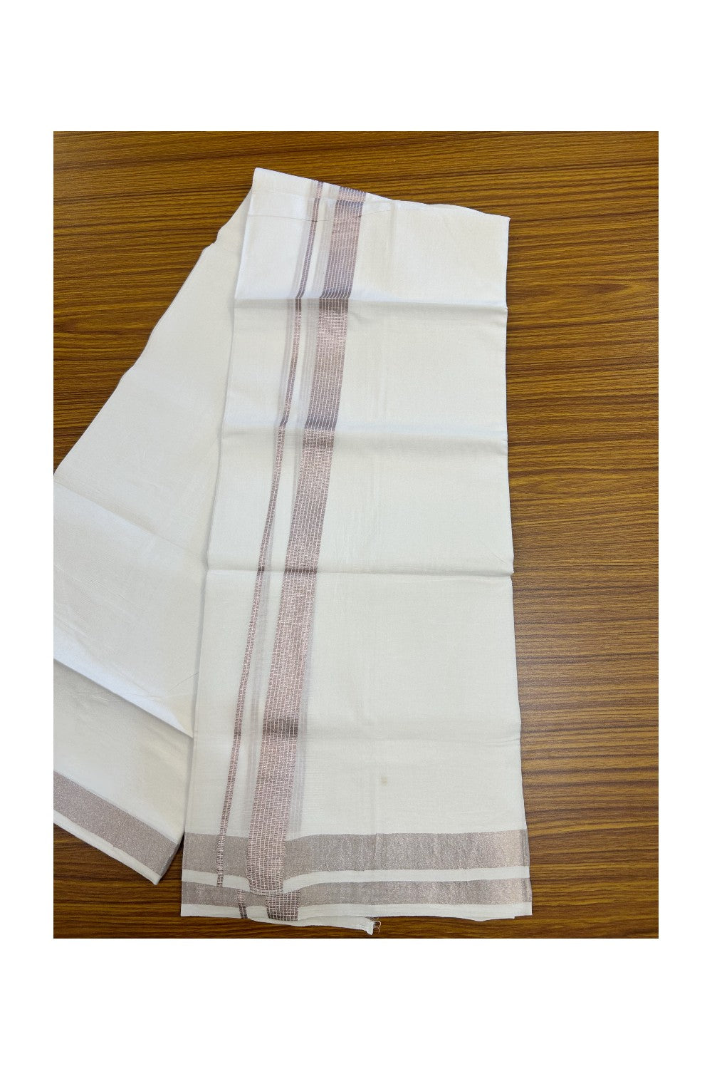 20% Discount ! Kaitharikada Balaramapuram 100% Cotton PURE WHITE Double Mundu/Dothi - 100x90 - 1 inch Pink Silver Kasavu Stripes Kara - 64KK5217 CKS