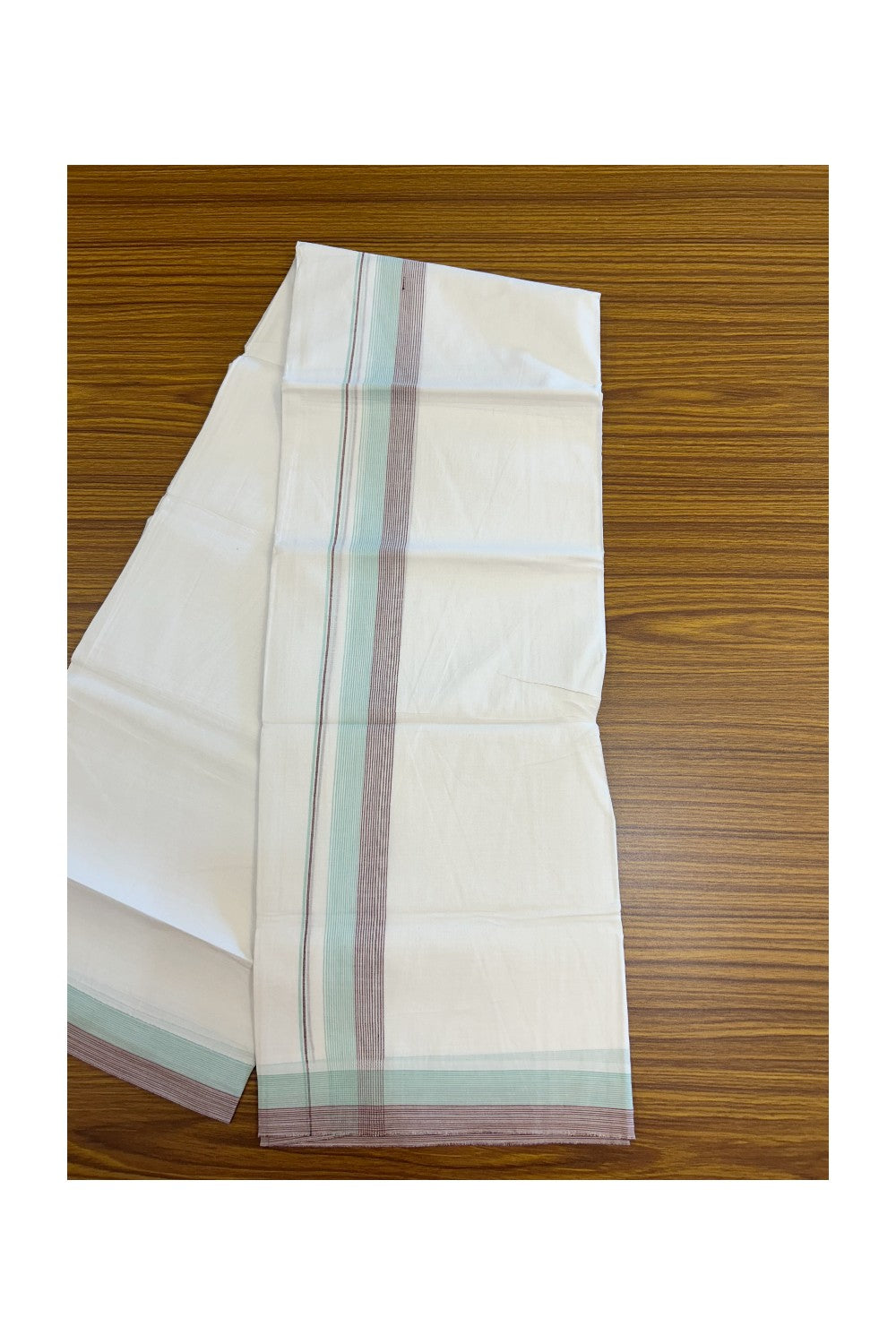 20% Discount ! Kaitharikada Balaramapuram 100% Cotton PURE WHITE Double Mundu/Dothi - 100x80 - 1.75 inch Turquoise Green & Light Maroon Stripes Kara 3.90 mtr (8 muzham) - 59KK5220 THI