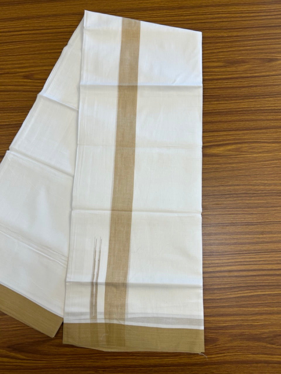 20% Discount ! NEW! KaithariKada Balaramapuram 100% Cotton Pure white Double Mundu/Dhoti - (100x80)s - 1.5 inch Sand Brown Chutty Kara - 64 KK5249 VIN