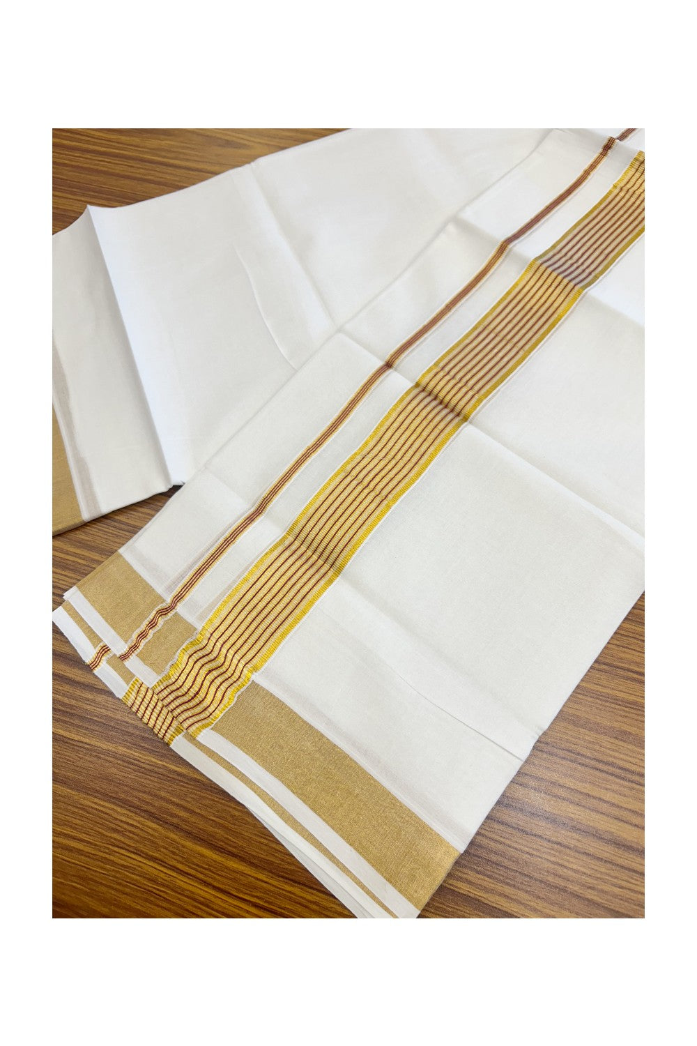 20% DISCOUNT! Kaitharikada Balaramapuram 100% Cotton PURE WHITE Double Mundu/Dothi - 80x80 - 1.75 Inch Gold Kasavu & Magenta striped Kara - 64KK5182VAS