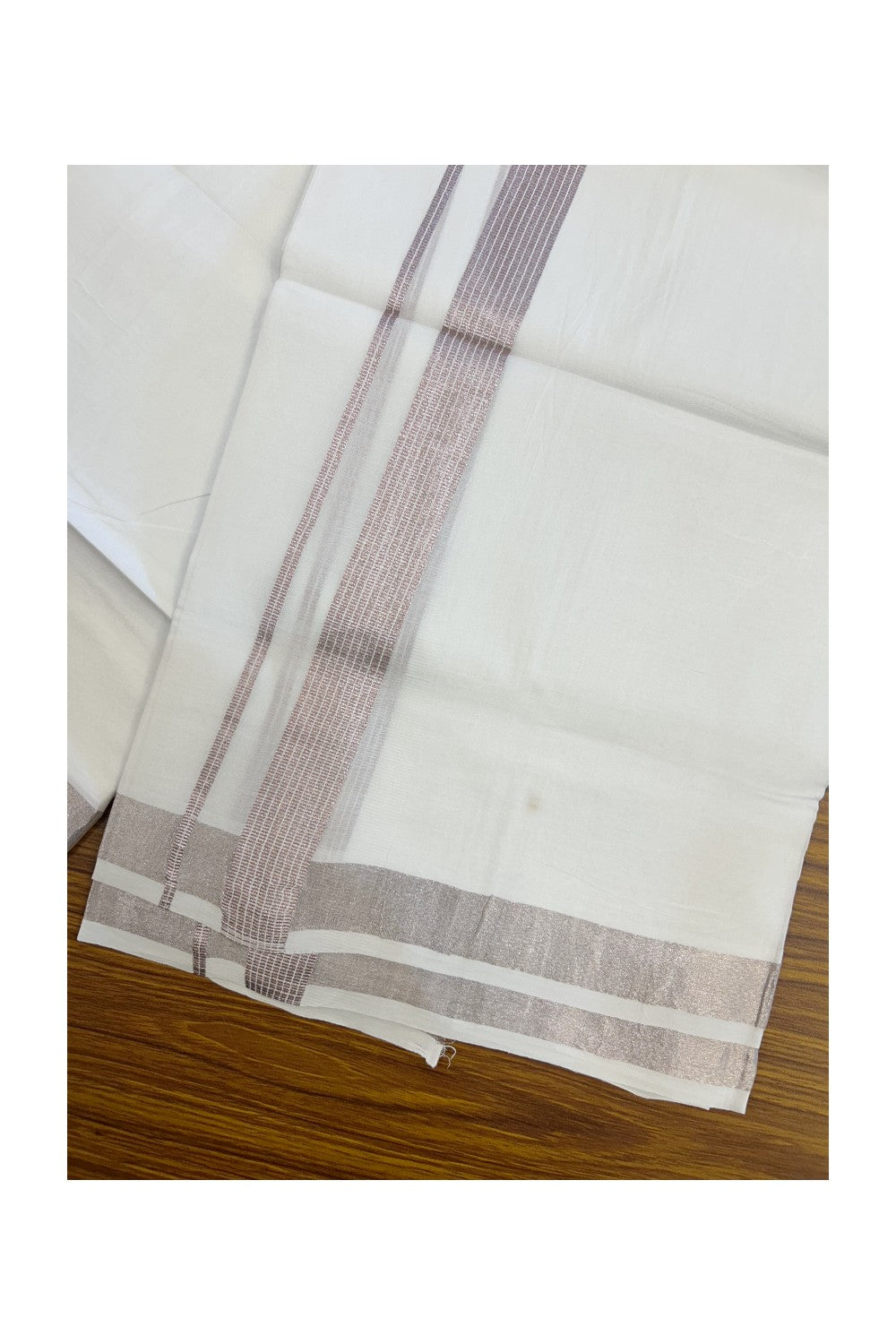 20% Discount ! Kaitharikada Balaramapuram 100% Cotton PURE WHITE Double Mundu/Dothi - 100x90 - 1 inch Pink Silver Kasavu Stripes Kara - 64KK5217 CKS