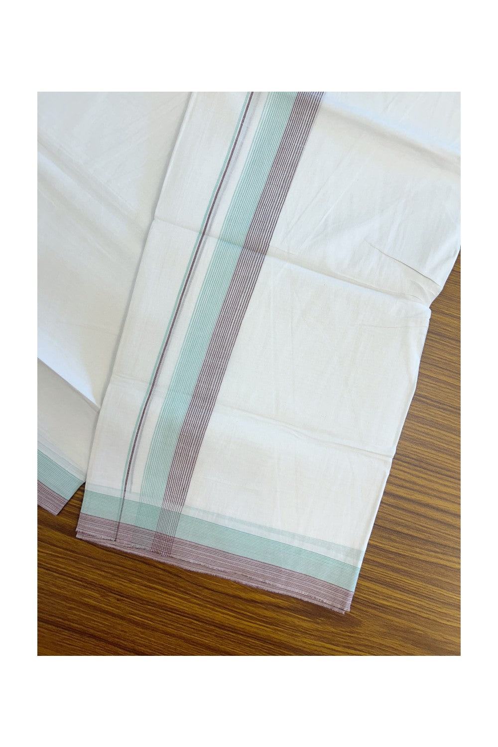 20% Discount ! Kaitharikada Balaramapuram 100% Cotton PURE WHITE Double Mundu/Dothi - 100x80 - 1.75 inch Turquoise Green & Light Maroon Stripes Kara 3.90 mtr (8 muzham) - 59KK5220 THI