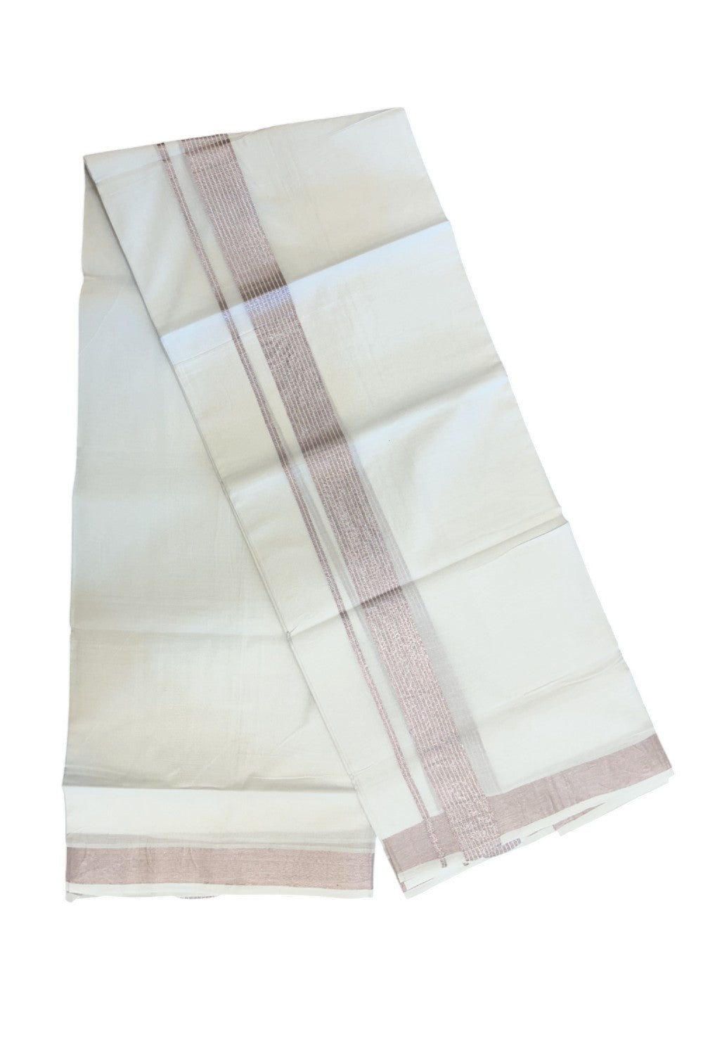 20% Discount ! Kaitharikada Balaramapuram 100% Cotton PURE WHITE Double Mundu/Dothi - 100x90 - 1.25 inch Pink Silver Kasavu Stripes Kara - 65KK5217 CKS