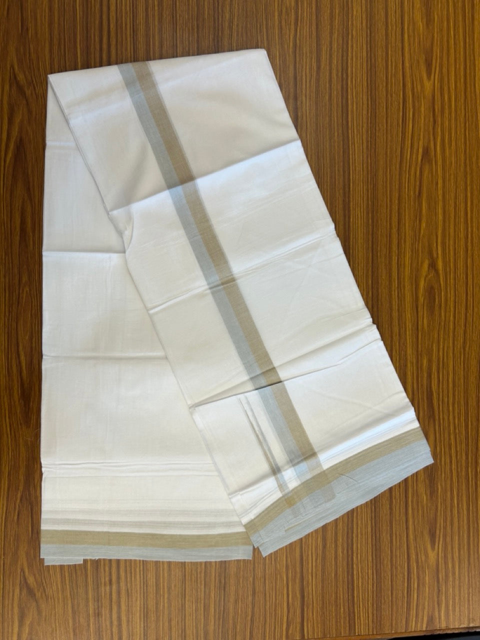 20% Discount ! NEW! KaithariKada Balaramapuram 100% Cotton Pure white Double Mundu/Dhoti - (100x80)s - 1.5 inch Brown Ash Blue Chutty Kara - 65 KK5249 VIN