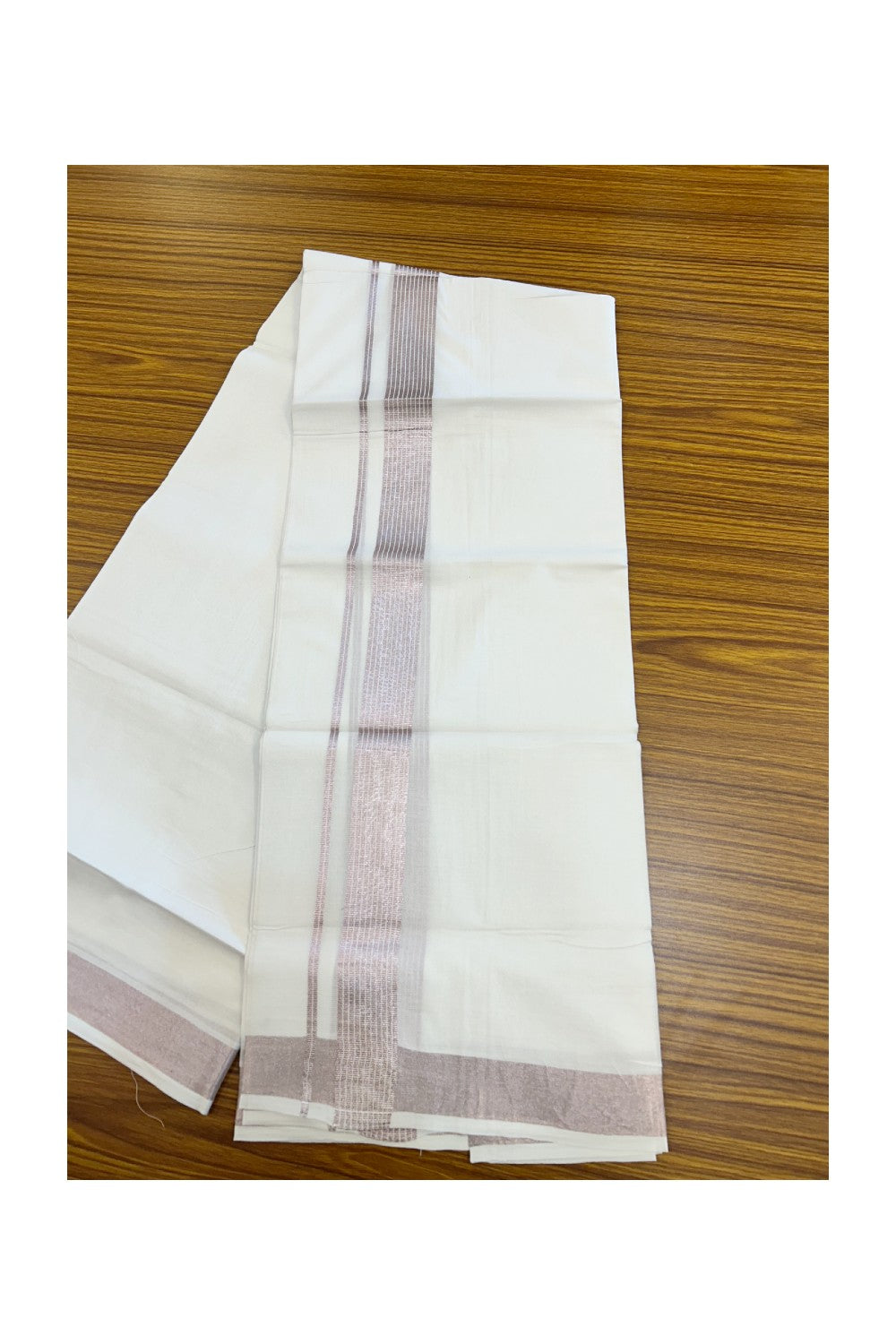 20% Discount ! Kaitharikada Balaramapuram 100% Cotton PURE WHITE Double Mundu/Dothi - 100x90 - 1.25 inch Pink Silver Kasavu Stripes Kara - 65KK5217 CKS