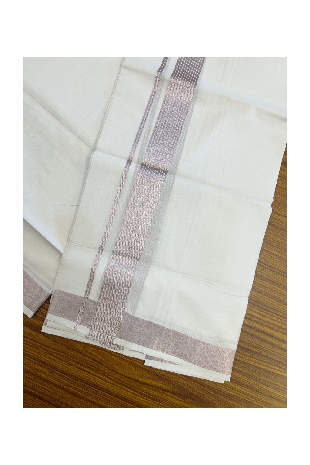 20% Discount ! Kaitharikada Balaramapuram 100% Cotton PURE WHITE Double Mundu/Dothi - 100x90 - 1.25 inch Pink Silver Kasavu Stripes Kara - 65KK5217 CKS