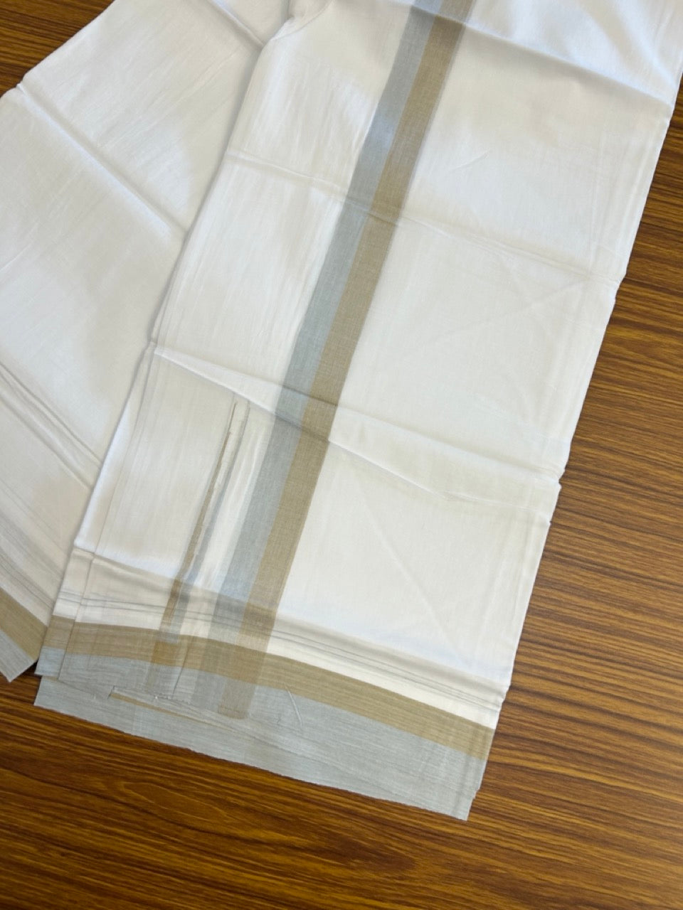 20% Discount ! NEW! KaithariKada Balaramapuram 100% Cotton Pure white Double Mundu/Dhoti - (100x80)s - 1.5 inch Brown Ash Blue Chutty Kara - 65 KK5249 VIN