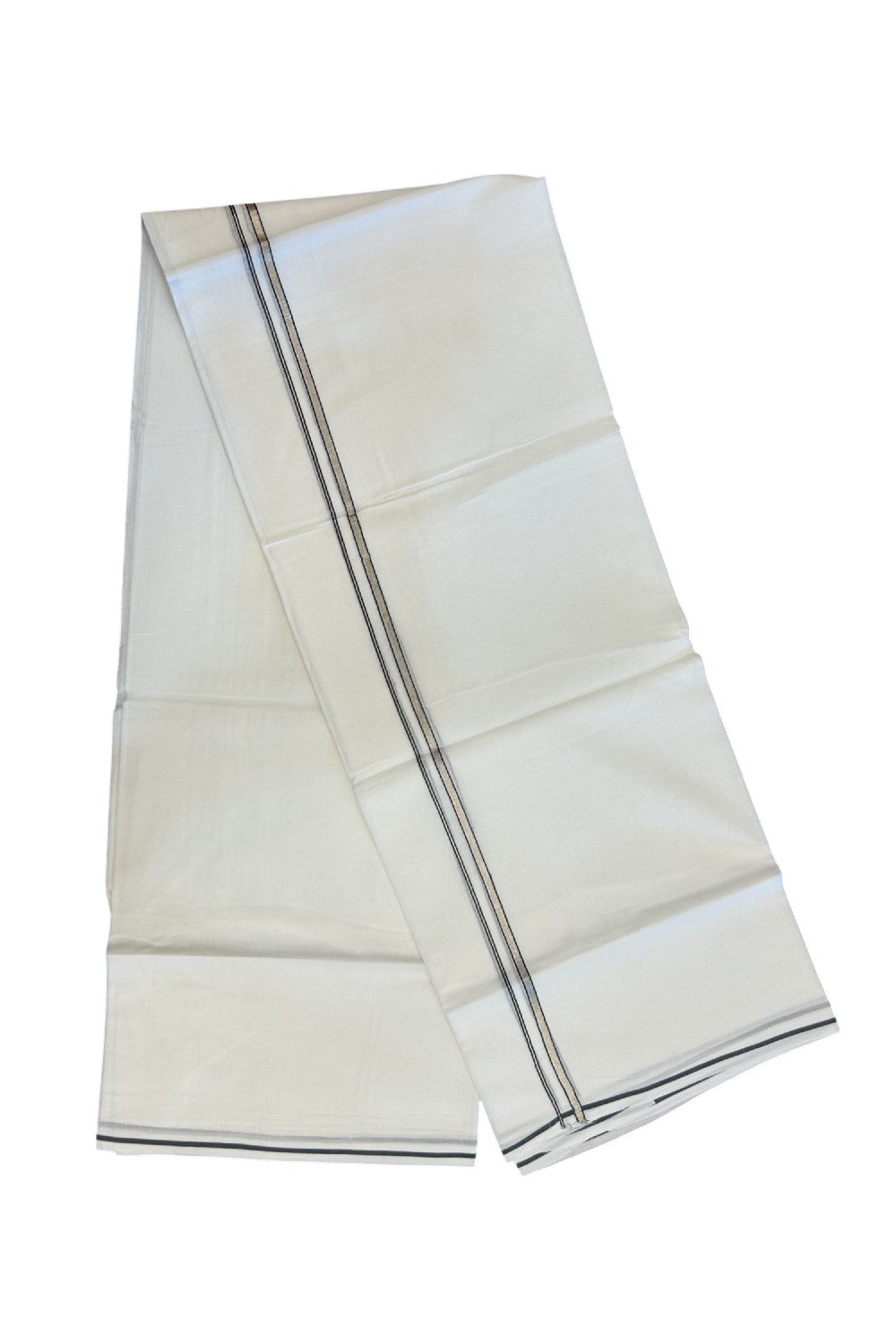 20% Discount ! Kaitharikada Balaramapuram 100% Cotton PURE WHITE Double Mundu/Dothi - 100x90 - 0.5 cm Navy Blue Silver Kasavu thin Kara - 66KK5217 CKS