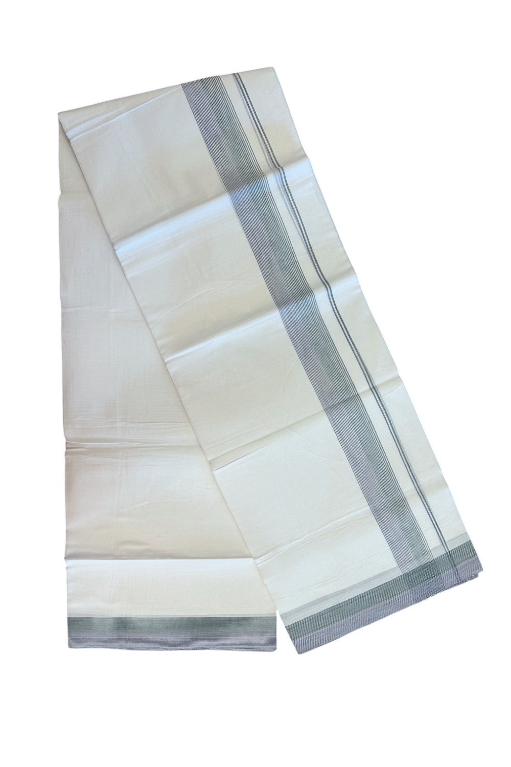 20% Discount ! Kaitharikada Balaramapuram 100% Cotton PURE WHITE Double Mundu/Dothi - 100x80 - 1.75 inch Green & Purple Stripes Kara 3.90 mtr (8 muzham) - 60KK5220 THI