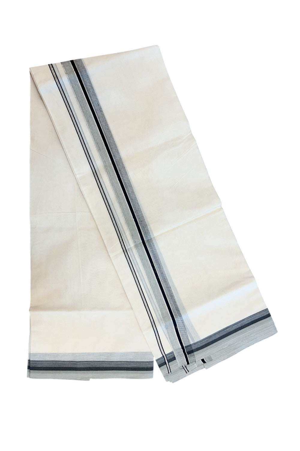 20% DISCOUNT! KaithariKada Balaramapuram 100% Cotton Double OFF WHITE (unbleached) Mundu/Dhoti- 100x80- 1.5 inch Silver Kasavu Black & Grey Stripes Shaded Kara 4 mtr (8.5 muzham) - 66KK5227 PMC