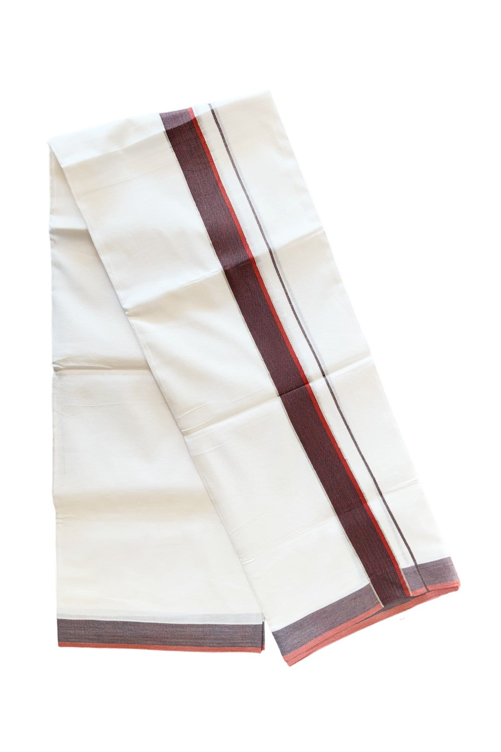 24% DISCOUNT!! Kaitharikada Balaramapuram 100% Cotton Ultra WHITE Double Mundu./Dothi-100x80 - 2.25 Inch RED GREEN + SILVER Striped Cotton Kara - 66KK45VAS.