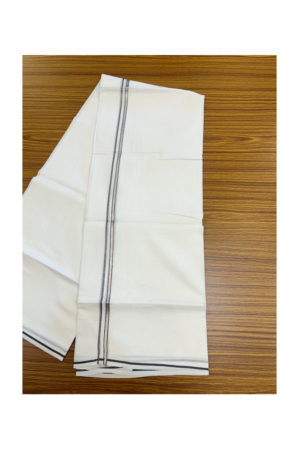 20% Discount ! Kaitharikada Balaramapuram 100% Cotton PURE WHITE Double Mundu/Dothi - 100x90 - 0.5 cm Navy Blue Silver Kasavu thin Kara - 66KK5217 CKS