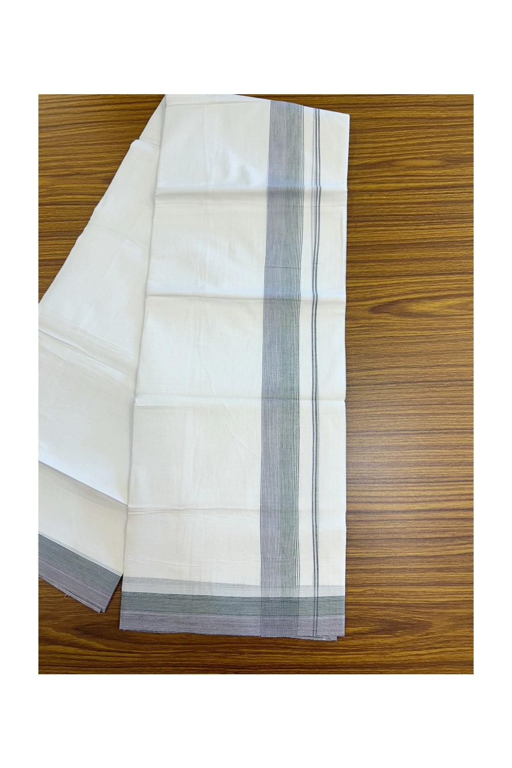 20% Discount ! Kaitharikada Balaramapuram 100% Cotton PURE WHITE Double Mundu/Dothi - 100x80 - 1.75 inch Green & Purple Stripes Kara 3.90 mtr (8 muzham) - 60KK5220 THI