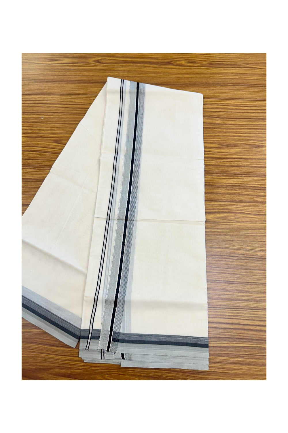 20% DISCOUNT! KaithariKada Balaramapuram 100% Cotton Double OFF WHITE (unbleached) Mundu/Dhoti- 100x80- 1.5 inch Silver Kasavu Black & Grey Stripes Shaded Kara 4 mtr (8.5 muzham) - 66KK5227 PMC