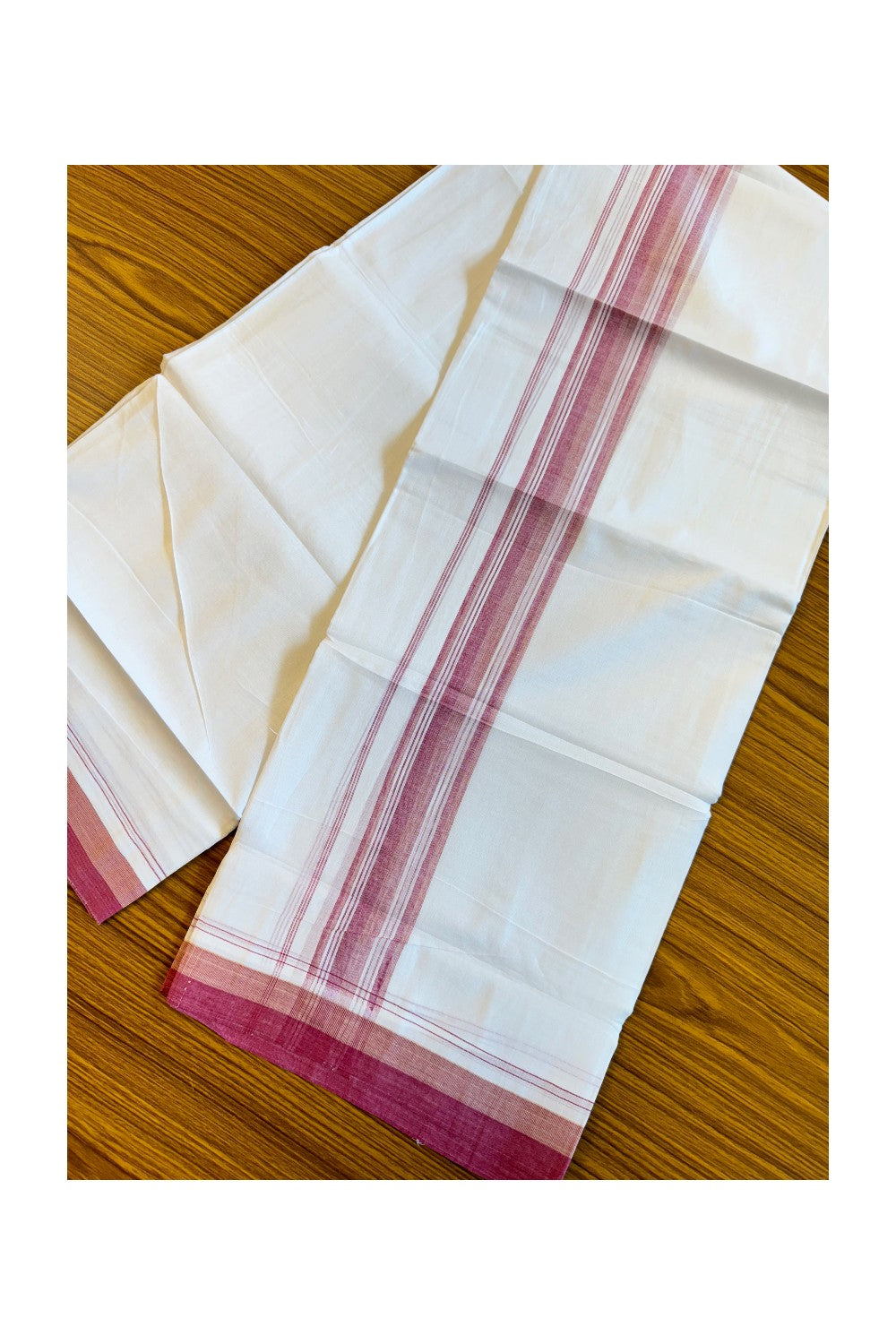 19% Discount!!! KaithariKada Balaramapuram 100% Cotton Double Pure white Mundu/Dhoti-100x100 2.5 Inch Maroon & brown shades with striped kara - 66KK83VIN