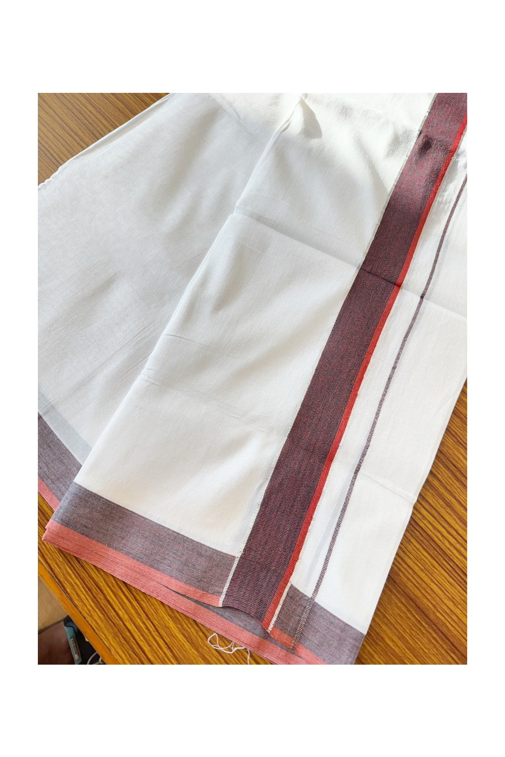 24% DISCOUNT!! Kaitharikada Balaramapuram 100% Cotton Ultra WHITE Double Mundu./Dothi-100x80 - 2.25 Inch RED GREEN + SILVER Striped Cotton Kara - 66KK45VAS.