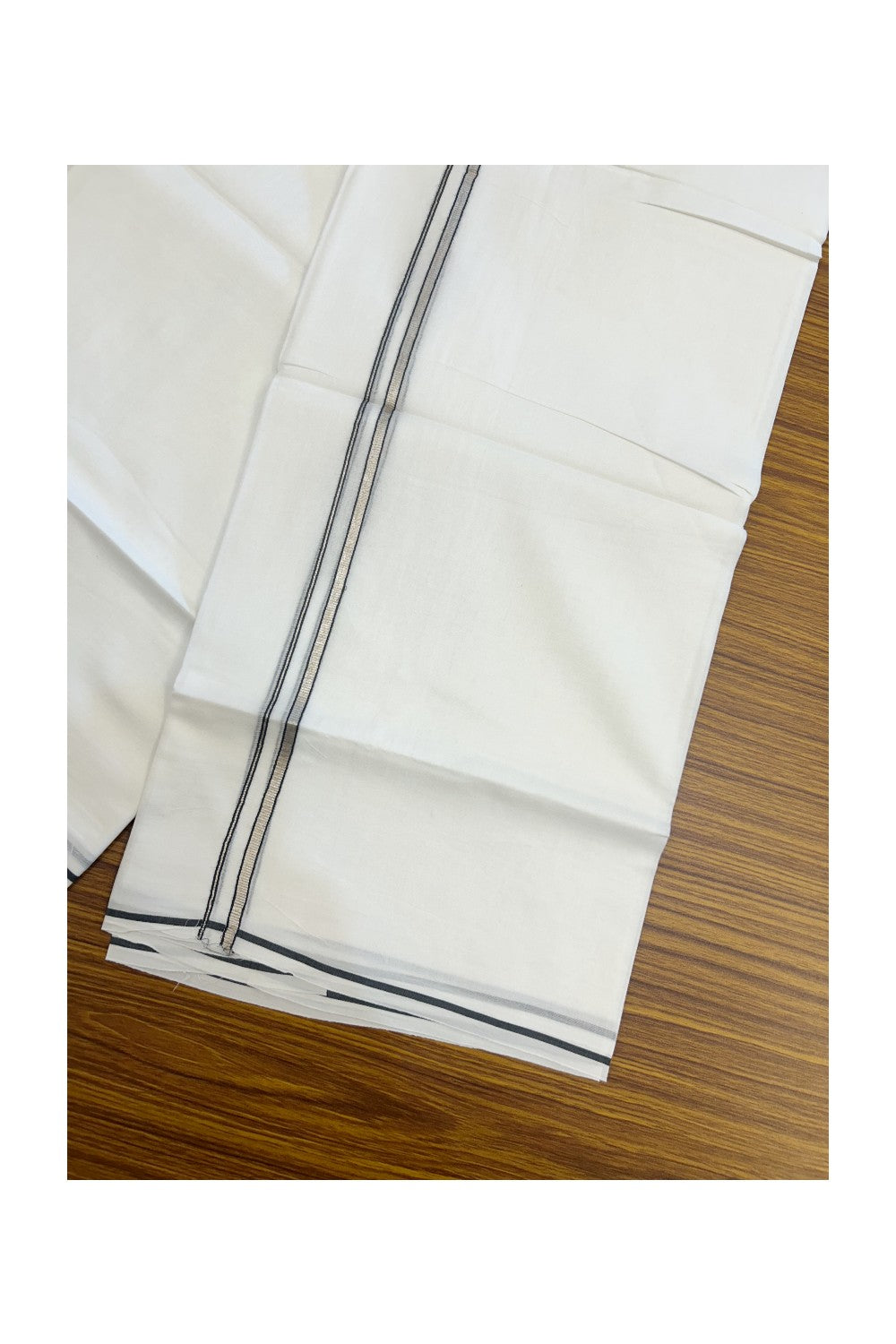 20% Discount ! Kaitharikada Balaramapuram 100% Cotton PURE WHITE Double Mundu/Dothi - 100x90 - 0.5 cm Navy Blue Silver Kasavu thin Kara - 66KK5217 CKS