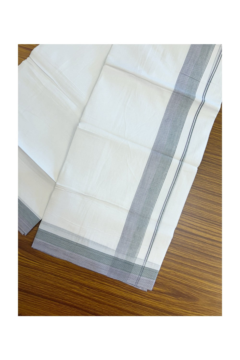 20% Discount ! Kaitharikada Balaramapuram 100% Cotton PURE WHITE Double Mundu/Dothi - 100x80 - 1.75 inch Green & Purple Stripes Kara 3.90 mtr (8 muzham) - 60KK5220 THI