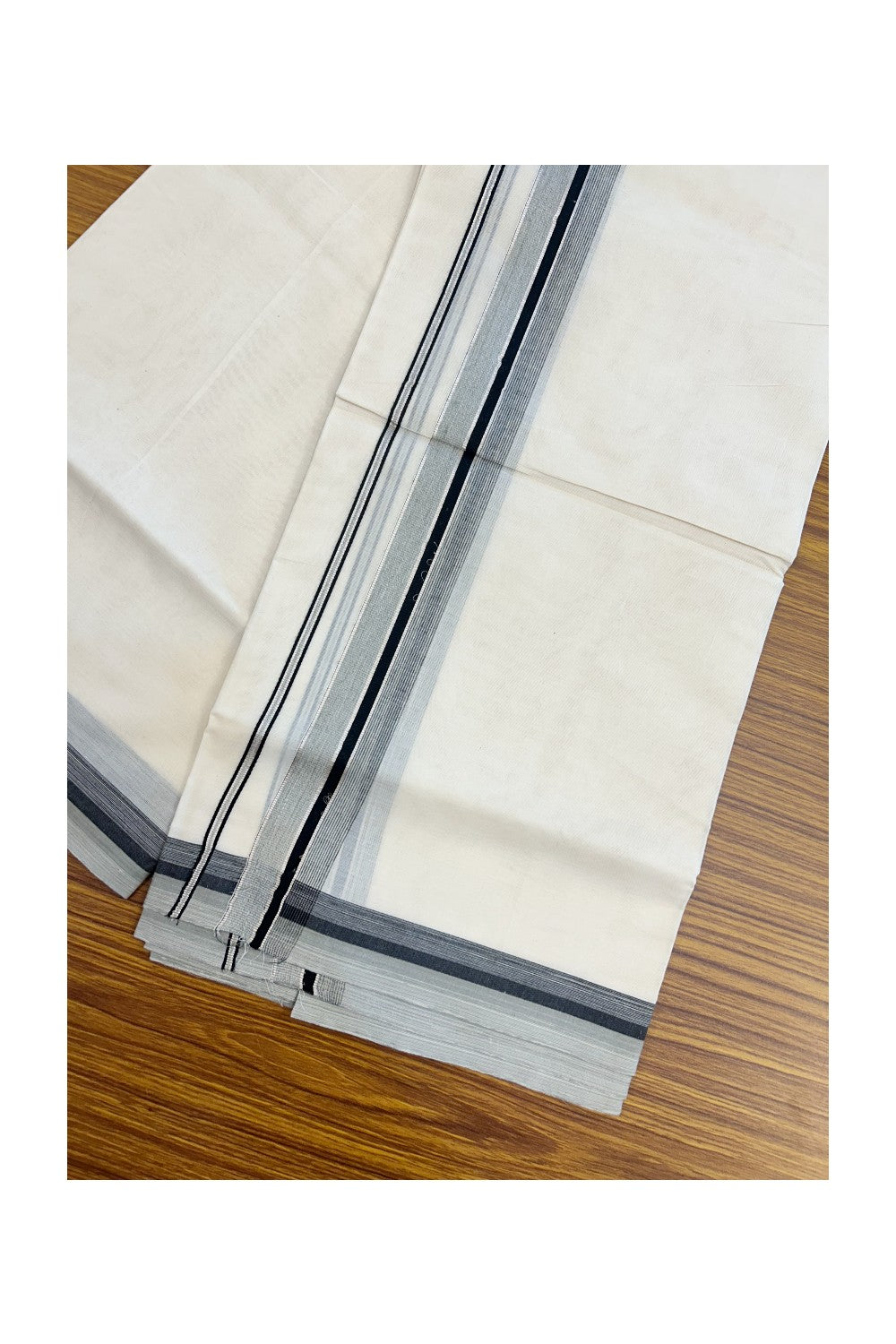 20% DISCOUNT! KaithariKada Balaramapuram 100% Cotton Double OFF WHITE (unbleached) Mundu/Dhoti- 100x80- 1.5 inch Silver Kasavu Black & Grey Stripes Shaded Kara 4 mtr (8.5 muzham) - 66KK5227 PMC