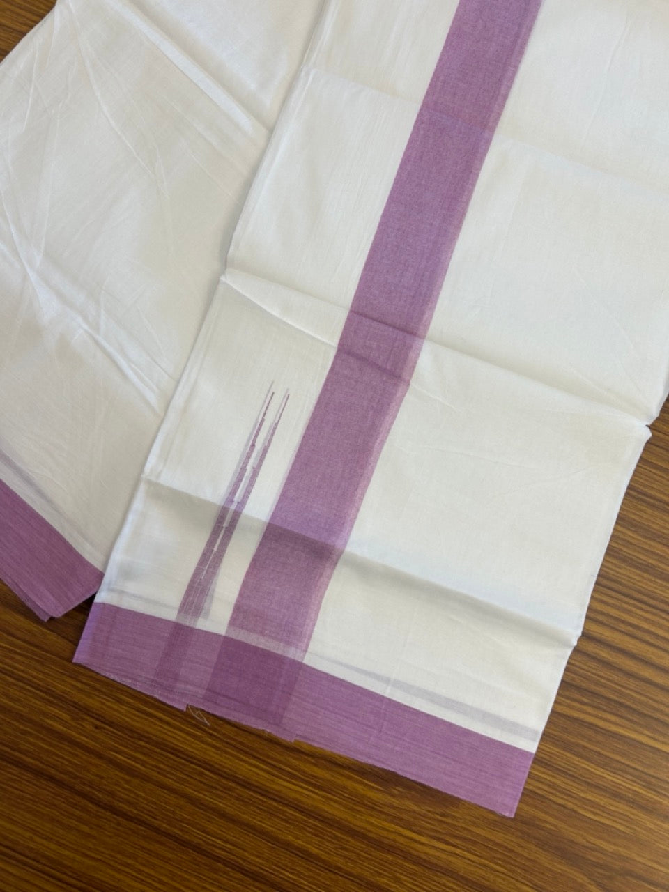 20% Discount ! NEW! KaithariKada Balaramapuram 100% Cotton Pure white Double Mundu/Dhoti - (100x80)s - 1.5 inch Orchid Pruple Chutty Kara - 66 KK5249 VIN