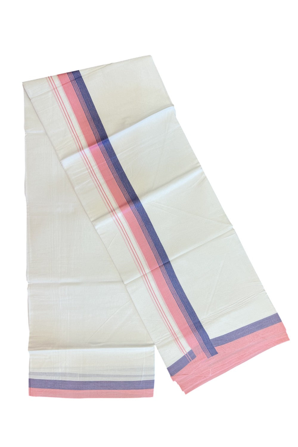 20% Discount ! Kaitharikada Balaramapuram 100% Cotton PURE WHITE Double Mundu/Dothi - 100x80 - 1.5 inch Violet & Pink Striped Kara - 67KK5182VAS