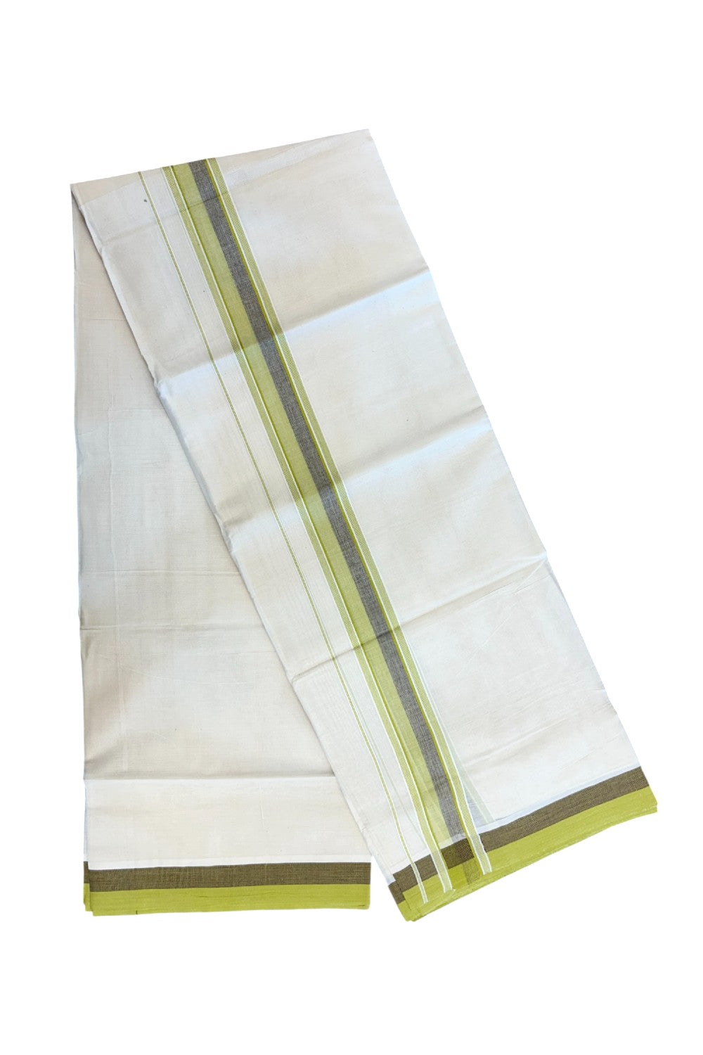 20% DISCOUNT!! KaithariKada Balaramapuram 100% Cotton OFF WHITE Double - (Unbleached) Mundu/Dhoti - 100X80 - 1.75 inch Light Olive Green & Brown Shaded Kara with Side Stripes - 67KK5213 VIN