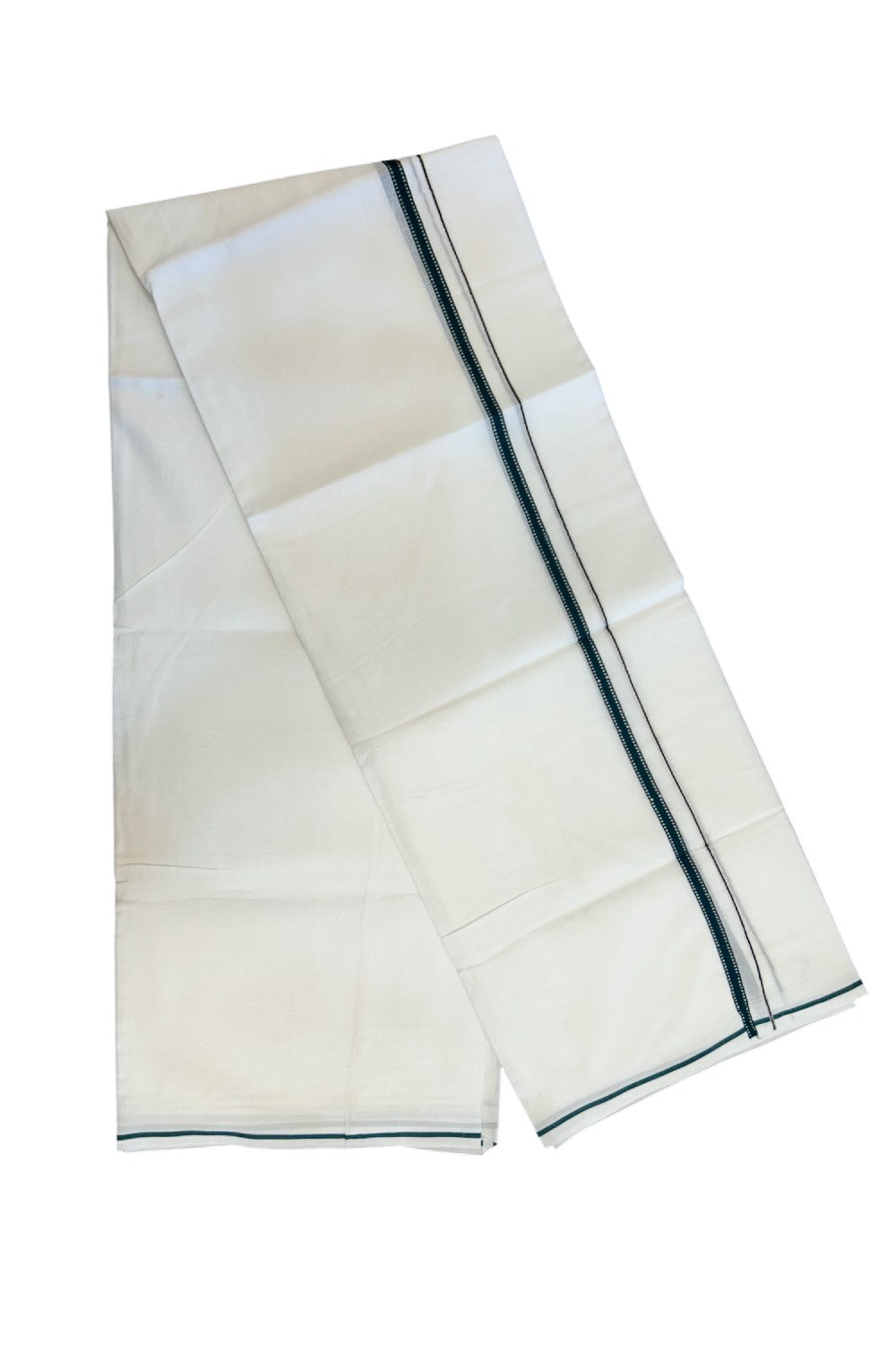 20% Discount ! Kaitharikada Balaramapuram 100% Cotton PURE WHITE Double Mundu/Dothi - 80x90 - 1 cm Dark Green Silver Kasavu Design Kara - 67KK5217 CKS