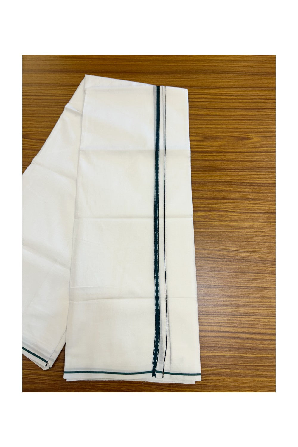 20% Discount ! Kaitharikada Balaramapuram 100% Cotton PURE WHITE Double Mundu/Dothi - 80x90 - 1 cm Dark Green Silver Kasavu Design Kara - 67KK5217 CKS