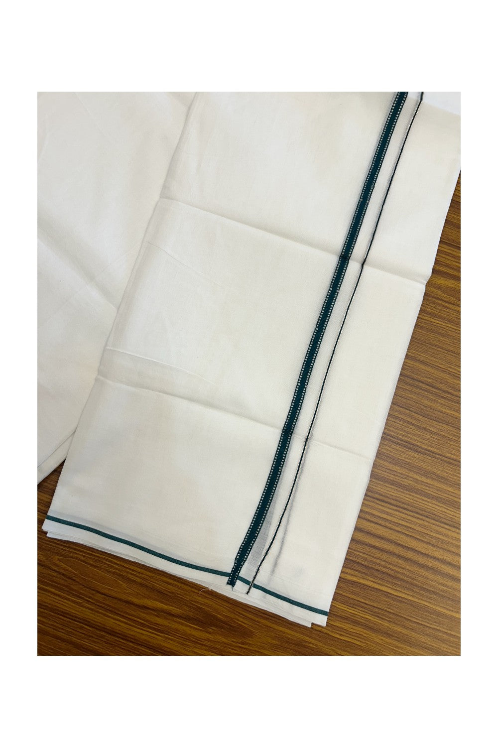 20% Discount ! Kaitharikada Balaramapuram 100% Cotton PURE WHITE Double Mundu/Dothi - 80x90 - 1 cm Dark Green Silver Kasavu Design Kara - 67KK5217 CKS