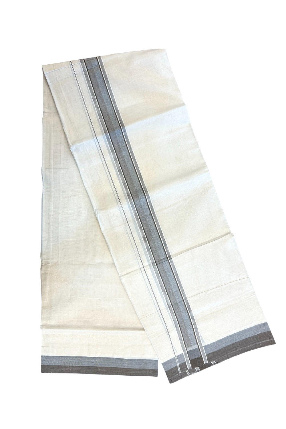 20% DISCOUNT!! KaithariKada Balaramapuram 100% Cotton OFF WHITE Double - (Unbleached) Mundu/Dhoti - 100X80 - 1.5 inch Ash Blue & Brown Shaded Kara with Side Stripes - 68KK5213 VIN