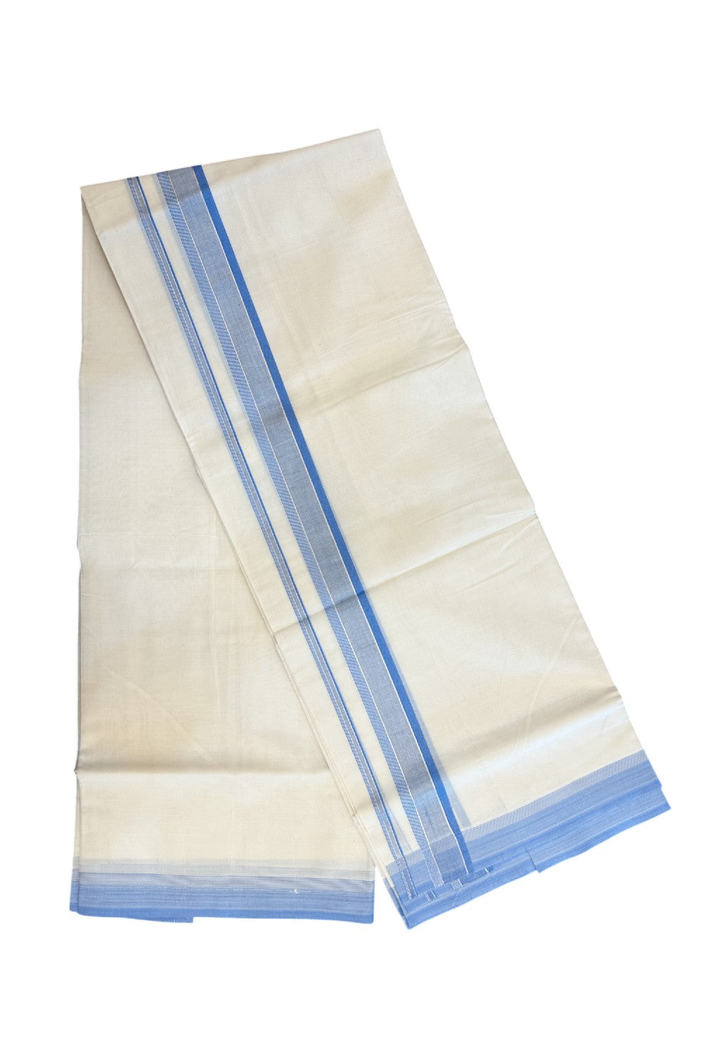 20% DISCOUNT! KaithariKada Balaramapuram 100% Cotton Double OFF WHITE (unbleached) Mundu/Dhoti- 100x80- 1.75 inch Silver Kasavu Sky Blue Stripes Shaded Kara 4 mtr (8.5 muzham) - 68KK5227 PMC