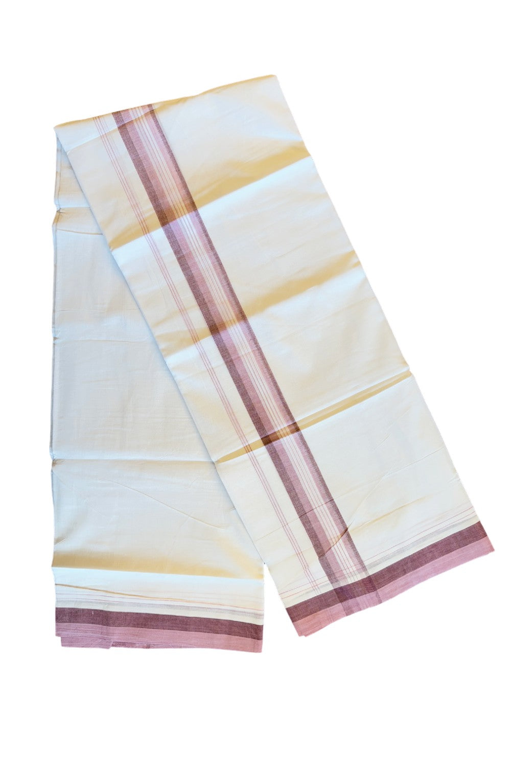 19% DISCOUNT!!! KaithariKada Balaramapuram 100% Cotton PURE white Double Mundu/Dhoti-100x100 2.25 Inch Pink & maroon shades with striped kara - 68KK83VIN