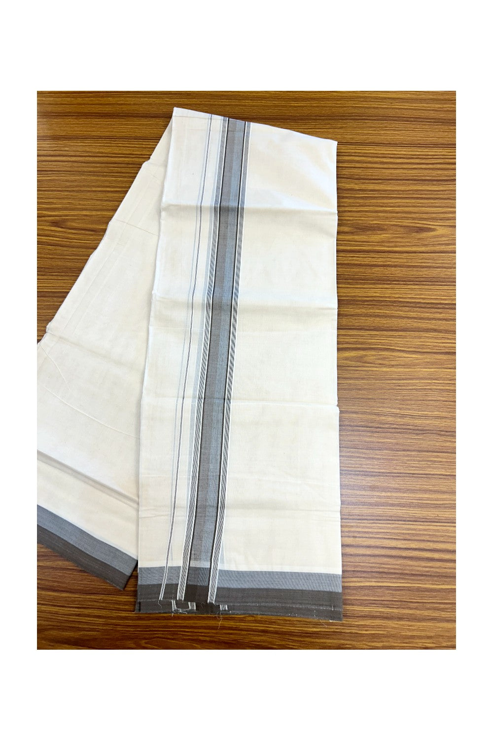 20% DISCOUNT!! KaithariKada Balaramapuram 100% Cotton OFF WHITE Double - (Unbleached) Mundu/Dhoti - 100X80 - 1.5 inch Ash Blue & Brown Shaded Kara with Side Stripes - 68KK5213 VIN