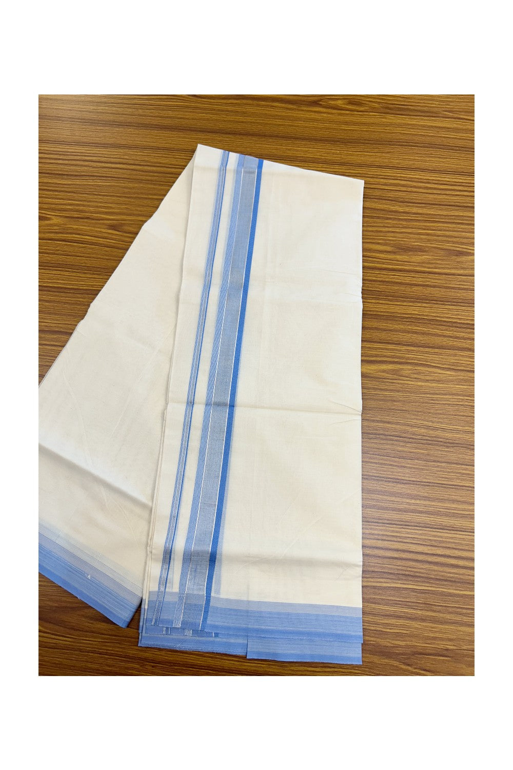 20% DISCOUNT! KaithariKada Balaramapuram 100% Cotton Double OFF WHITE (unbleached) Mundu/Dhoti- 100x80- 1.75 inch Silver Kasavu Sky Blue Stripes Shaded Kara 4 mtr (8.5 muzham) - 68KK5227 PMC