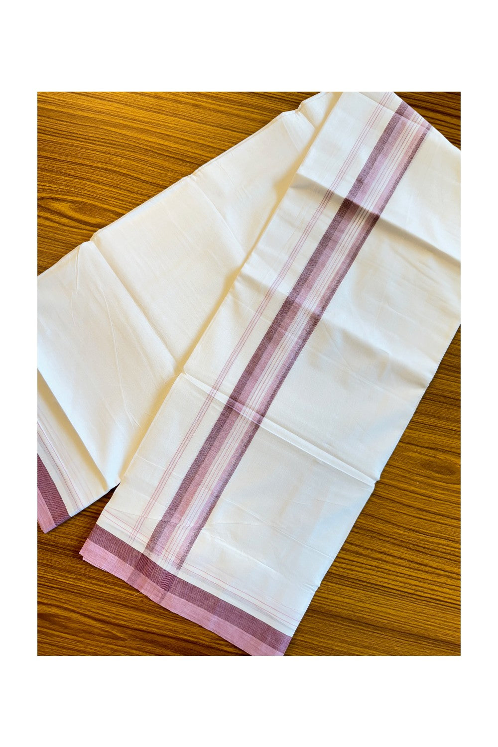 19% DISCOUNT!!! KaithariKada Balaramapuram 100% Cotton PURE white Double Mundu/Dhoti-100x100 2.25 Inch Pink & maroon shades with striped kara - 68KK83VIN
